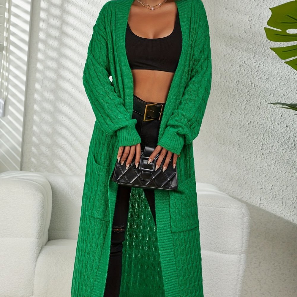 Women’s Medium Emerald Green Cable-Knit Maxi Cardigan Open-Front Sweater - Picture 6 of 11
